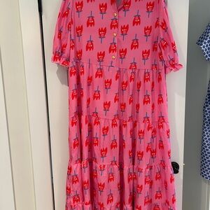 Casual Tiered Pink Dress with Red Floral Block Print
